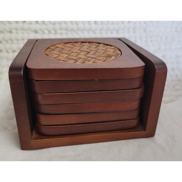Vintage Set of 6 Wood Wicker Bamboo Coasters w/Caddy Teak 1970s barware GUC - Picture 1 of 8